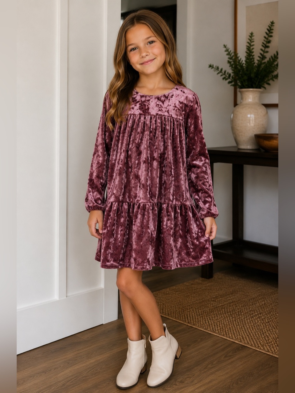 Girls Peek Crushed Velvet Tiered Dress in Dusty Mauve Size XL